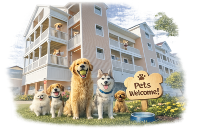 a group of dogs in front of a building